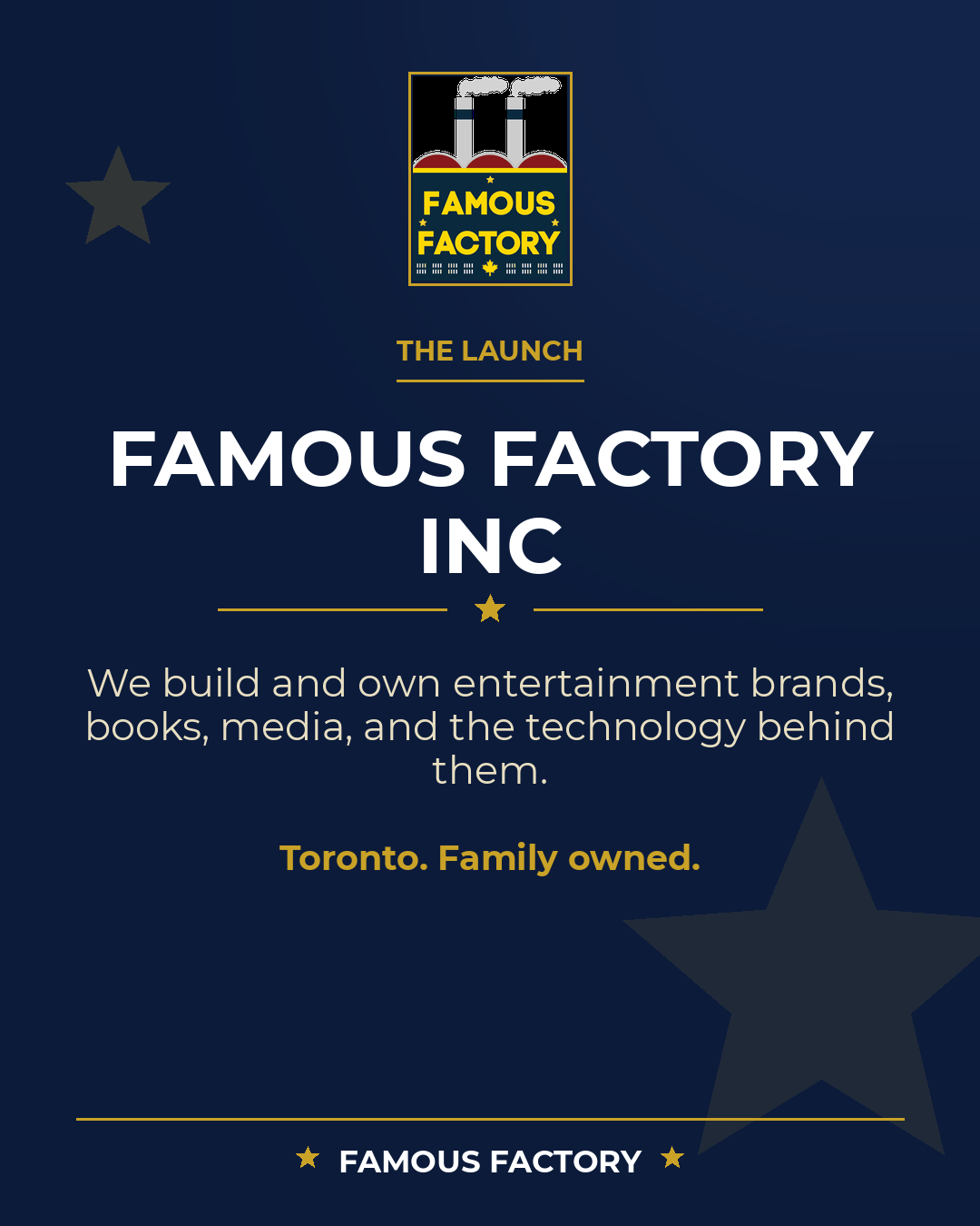 Famous Factory Inc launch card with the company positioning